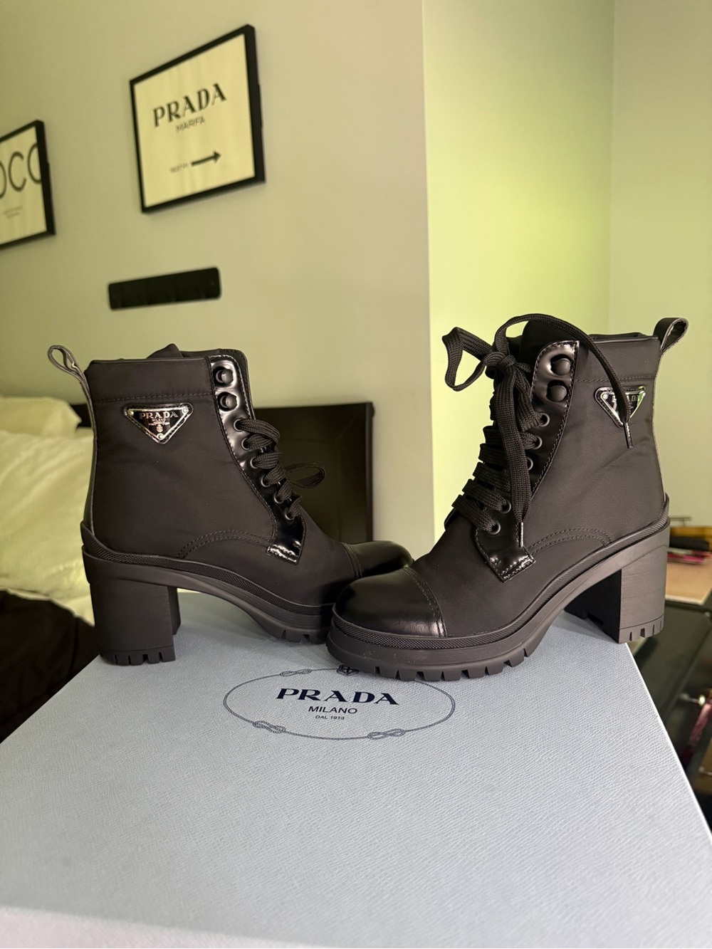 Prada Black Lace-Up Chunky-Heel Combat Boots